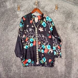 Johnny Was Black Floral Blouse Tunic Silk Embroider Trim Vacation Resort Womens
